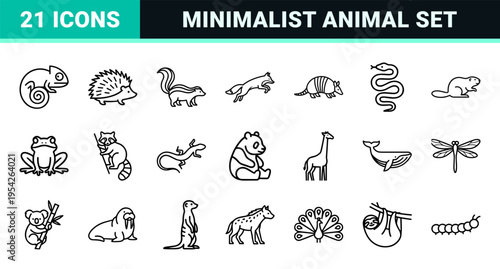 Wildlife Species Ultra-Minimalist Monoline Icon Set featuring Geometric Forest Animals and Nature Symbols for Professional Brand Identity Design