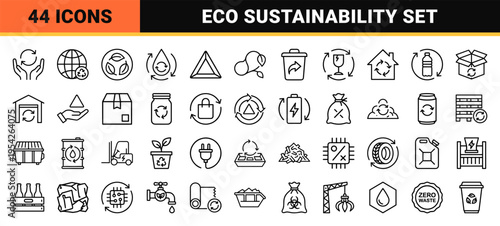 Sustainable Circular Economy and Recycling Systems Ultra-Minimalist Monoline Icon Set for Eco-Friendly Industrial Branding and Web Interface