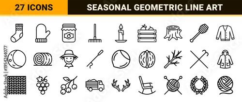 Autumn Harvest and Seasonal Hygge Ultra-minimalist Monoline Geometric Outline Icons for Professional UI Design and Commercial Print Marketing