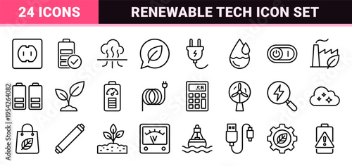 Sustainable Renewable Energy and Green Technology Ecosystem Monoline Outline Icon Set for Smart Power Management and Environmental Utility
