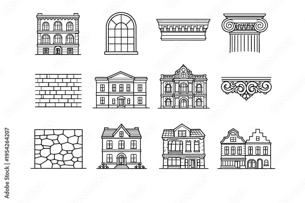 Fototapeta premium Generation image elevation icon outline frontage vector building city traditional cornice simple