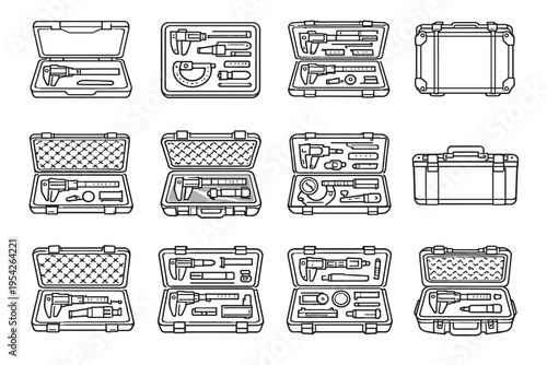Vector caliper container kit precision icons insert icon instrument accuracy tool case