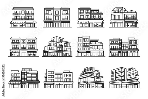 Exterior retail icon image generation simple lines upper mixed layered frontage front