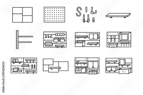 Vector shelf reconfigurable simple icon storage mounting unit image element generation system
