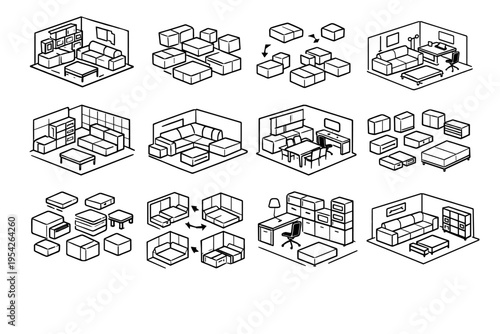 Icons interior modern design adaptable vector concept furniture system component modular icon