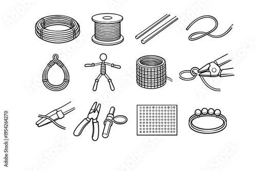 Crafting metal element vector icon material wire armature jewelry icons outline set