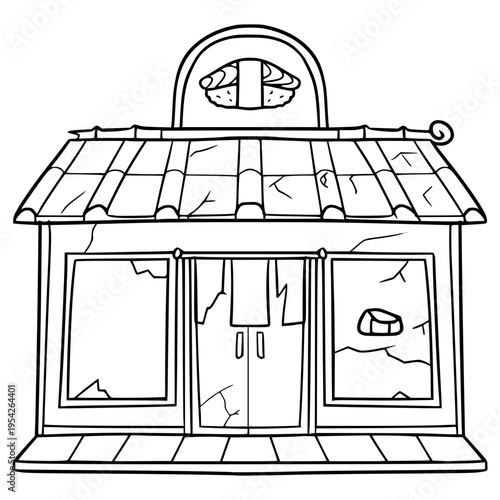 ruined sushi restaurant building illustration hand drawn outline vector