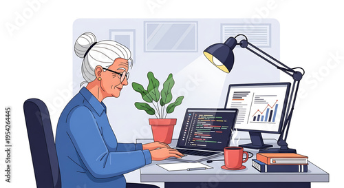 A senior woman working on her computer in a modern office setting with a plant and lamp