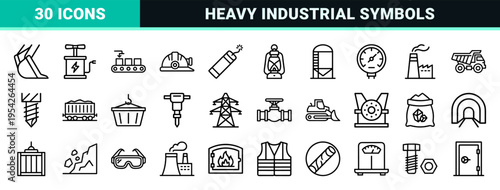 Coal Mining and Industrial Energy Generation Icon Set Featuring Ultra-Minimalist Monoline Symbols for Heavy Machinery and Fuel Production.