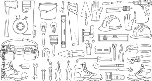 Flat vector illustration of construction tools, handyman equipment, repair instruments, building gear, DIY accessories, maintenance essentials, organized toolkit