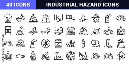 Industrial Pollution and Chemical Hazard Outline Icons featuring Ultra-minimalist Geometric Line Art for Ecological Impact and Waste Management.