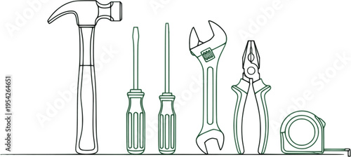 A minimalist green line art illustration of common hand tools on a white background
