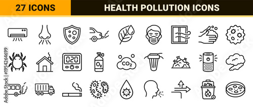 Atmospheric Quality and Respiratory Health Linear Symbols, Ultra-Minimalist Monoline Icons for Medical App Design and Environmental Monitoring.