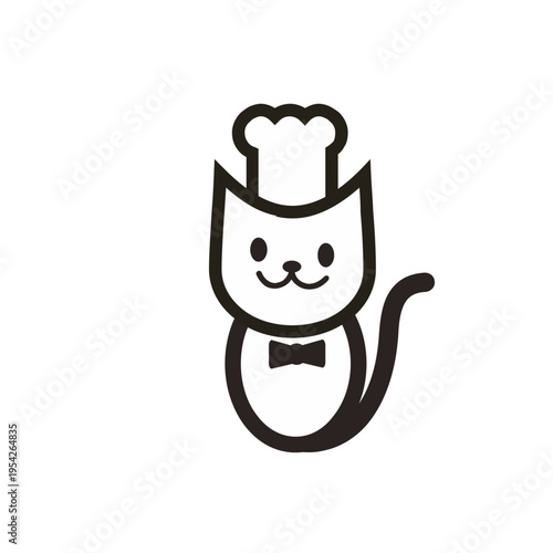 Cute Cartoon Chef Cat with Hat and Bow Tie Logo Illustration