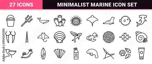 Marine Life and Oceanography Ultra-Minimalist Monoline Outline Symbols for Professional Interface Design and Biological Research Graphics