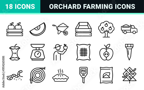 Ultra-minimalist monoline apple orchard and fruit harvesting icons featuring geometric line art symbols for agricultural branding and design.
