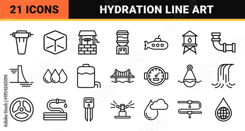 Professional Water and Hydration Minimalist Monoline Icon Set featuring Geometric Symbols for Utilities, Conservation, and Fluid Mechanics Design.