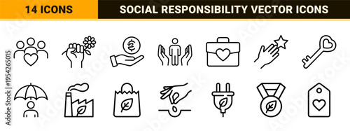 Ethical Business and Corporate Social Responsibility Icon Set featuring Ultra-Minimalist Geometric Line Art for Environmental Sustainability.