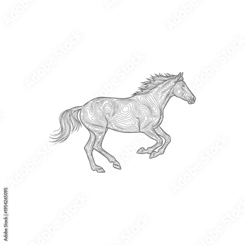 Running horse silhouette with topographic lines, animal art concept