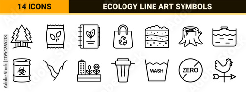 Sustainability and Ecology Line Art Symbols for Modern Environmental UX Design Featuring Minimalist Green Energy and Nature Conservation Icons