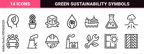 Sustainability and Environmental Conservation Ultra-Minimalist Monoline Icon Set featuring Geometric Ecology and Climate Action Symbols for UI Design.