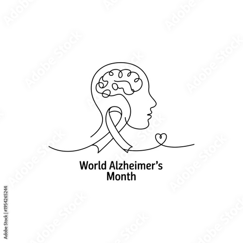 World alzheimers month line art profile of human head with brain and ribbon art