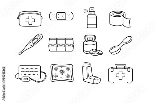 Generation adhesive vector roll image pack bottle icon aid spoon thermometer simple