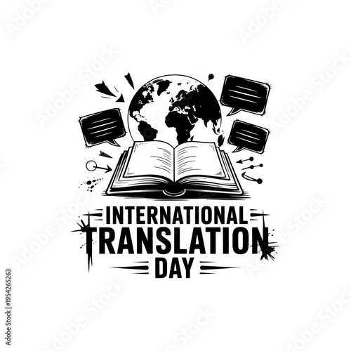 International translation day banner with world globe book and speech bubbles