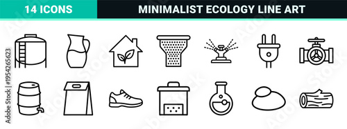 Sustainable Water Resource and Ecology Line Icons Featuring Ultra Minimalist Monoline Geometric Aesthetic for Environmental Utility Apps