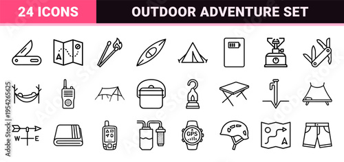 Outdoor Camping and Wilderness Survival Essentials Ultra-Minimalist Monoline Icon Set with Clean Geometric Outlines and Professional Line Art