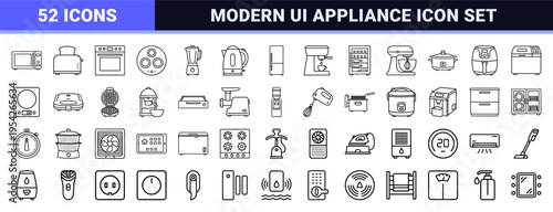 Ultra Minimalist Monoline Smart Appliance Icon Set for Modern Kitchen Interface and Home Automation Control Panel Design