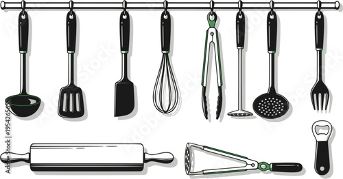 Collection of Green Kitchen Utensils Hanging and Lined Up
