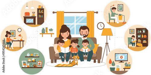 Happy Family Reading Together at Home Illustration with Parents and Children Learning, Cozy Living Room Activities, Home Education, and Modern Lifestyle Concept