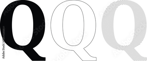 Three Variations of Letter Q: Solid Outline and Hatch Pattern Vector Graphics