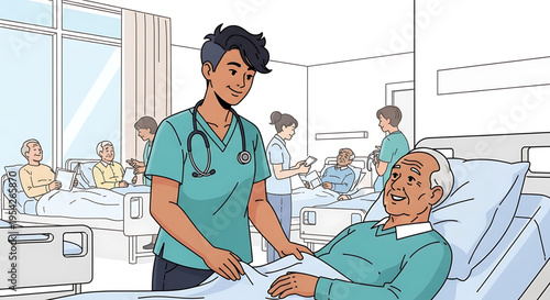 A healthcare professional providing care to an elderly patient in a hospital setting
