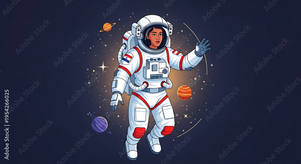 Fototapeta premium A cartoon astronaut in a white spacesuit floats in space with planets and stars.