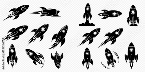 Set of various black rocket icons and silhouettes, representing space travel, exploration, and startup launches.