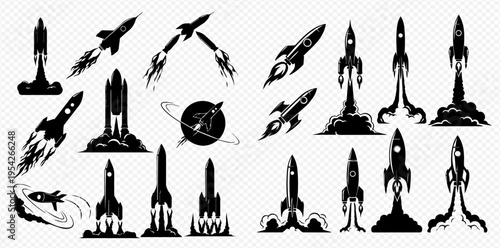 Set of various rocket launch silhouettes, space exploration and startup concept vector illustrations.