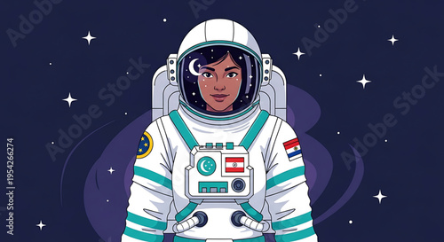 A female astronaut in a white spacesuit with teal accents floats in space with a starry background