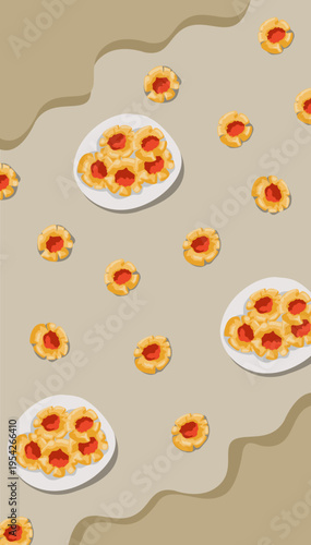 a table with plates of cookies jam on top. Strawberry jam cookies dish