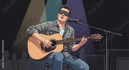 A blind musician playing an acoustic guitar on stage with a microphone