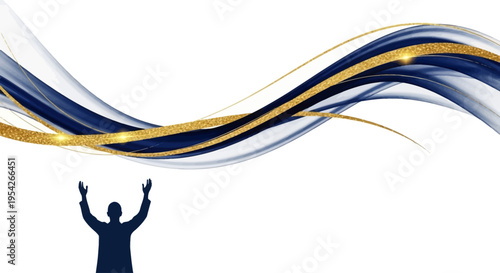 Person silhouette celebrating with colorful waves.