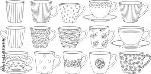 Collection of Green Outline Cups and Mugs with Various Designs
