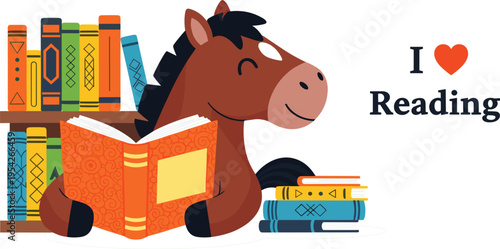 Cute Horse Character Reading a Book in a Library with Colorful Bookshelves and I Love Reading Text for Children Education and Literacy Promotion
