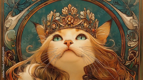 Feline Majesty - A Regal Cat in an Art Nouveau Setting