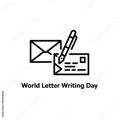 Outline icon for world letter writing day with an envelope, pen, and paper