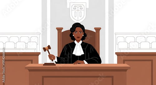 A female judge in a courtroom holding a gavel and wearing a black robe with a white collar