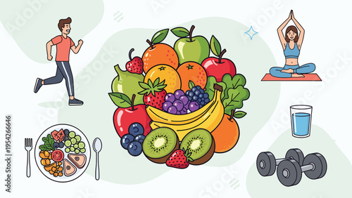 Healthy Lifestyle Choices: Nutrition, Fitness, Wellness Icons for Health Promotion