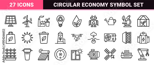 Sustainable Green Technology and Circular Economy Ultra-Minimalist Geometric Line Art Icon Set for Industrial Ecology and Renewable Energy UI Design