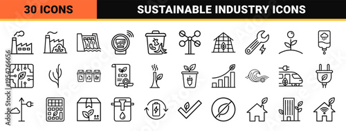 Sustainable Energy and Green Technology Ultra-Minimalist Monoline Icons for Environmental Conservation and Renewable Industry Vector Symbols